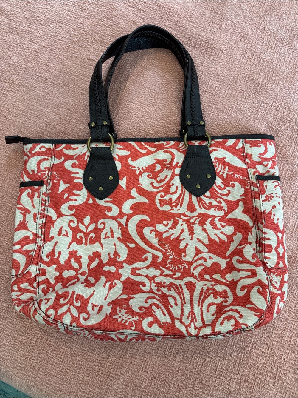 Estee Lauder Coral & Cream Patterned Shoulder Tote with leather look straps
